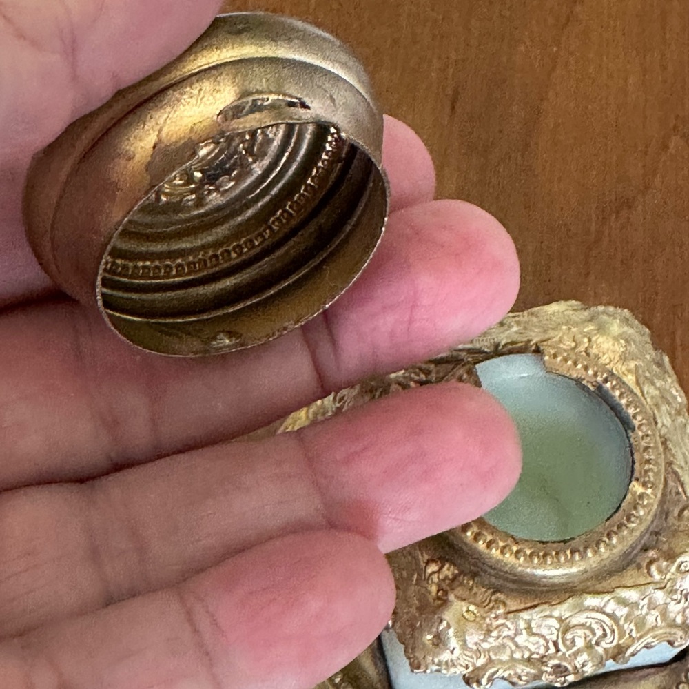 Antique French Opaline Glass And Brass Inkwell w/Jeweled Top - Picture 9 of 10